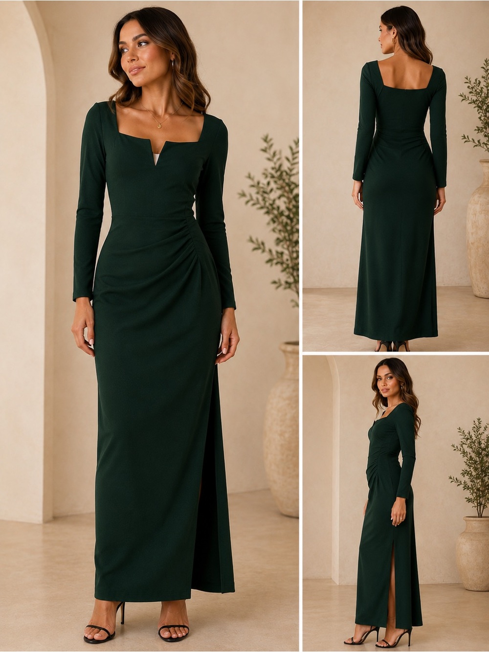 Xscape Dark Green Square Neck Long Sleeve Maxi Gown